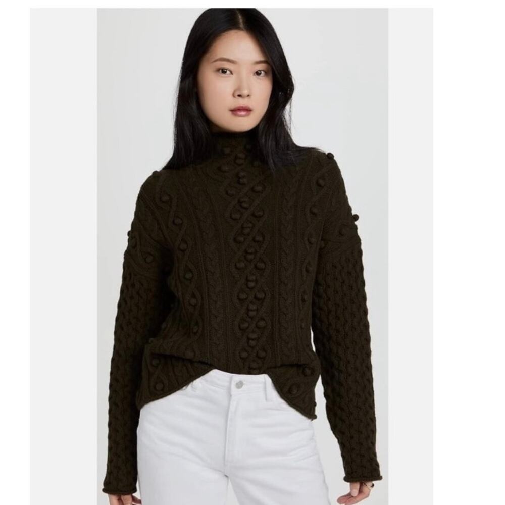 Theory Wool Cashmere Mixed Cable Knit Sweater Military Green Size XS